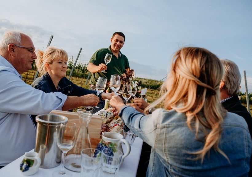 weinbau rogl wein anstoßen im weingarten